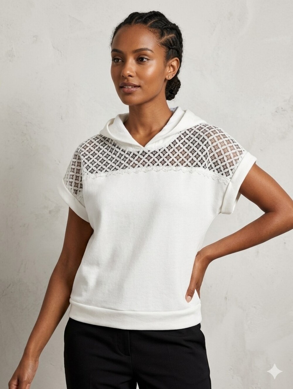 Belldini White Short Sleeve Hoodie Crochet Lace Patchwork Yoke Pullover Top MED